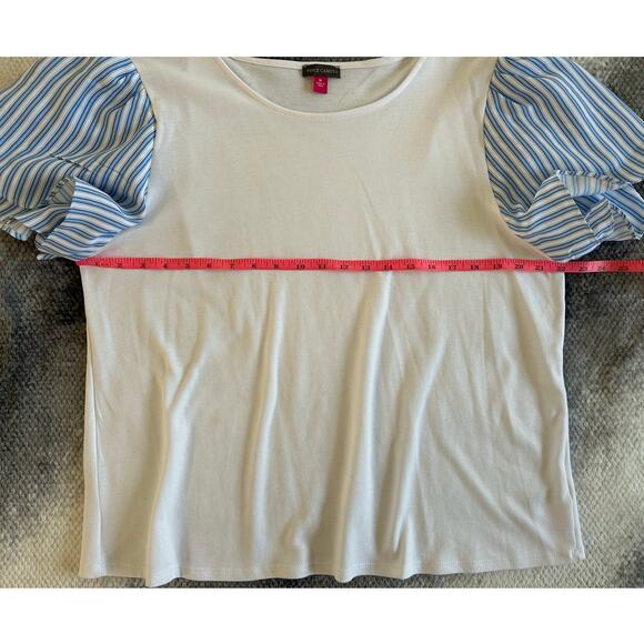 Vince Camuto Tulip Sleeve Mixed Media Blue White Relaxed Fit Top Size XL - Picture 6 of 9